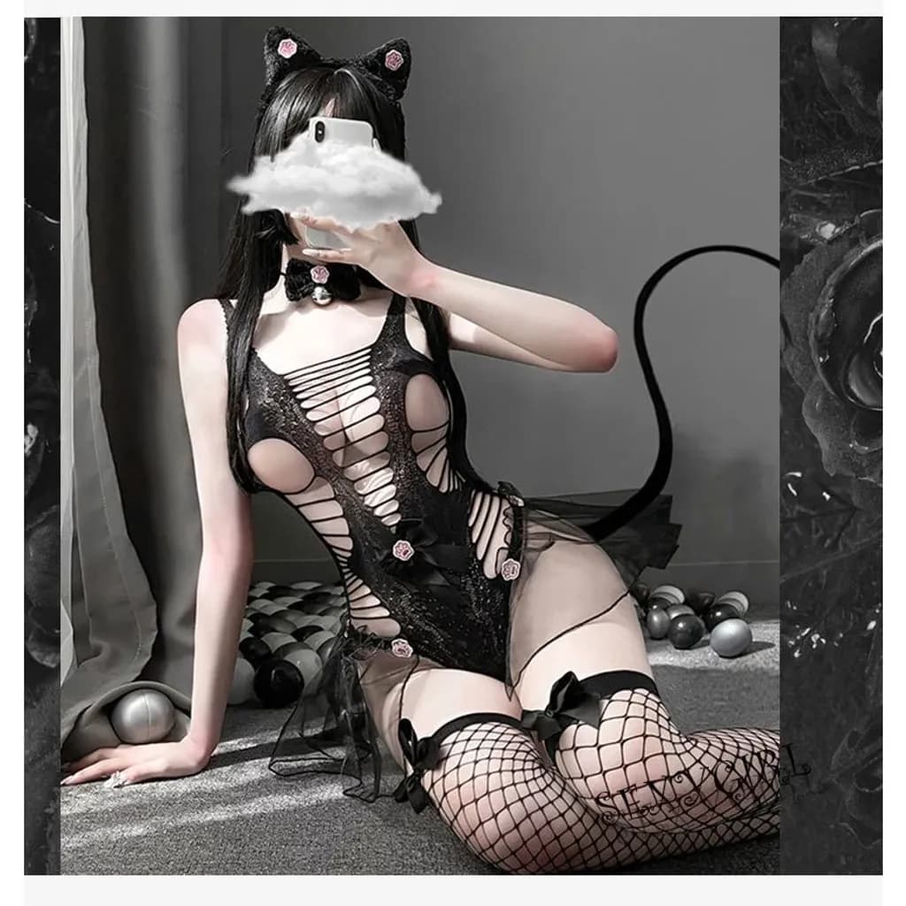 Đồ cosplay mèo hư hỏng có đuôi xuyên thấu gợi cảm đáng yêu bodystocking 1 mảnh miêu nữ đen dễ thương N739
