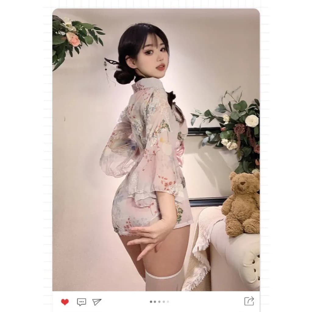Áo choàng ngủ Kimono xuyên thấu gợi cảm cao cấp set cosplay cổ trang nữ ren họa tiết hoa sexy quyến rũ N743 - ảnh 4