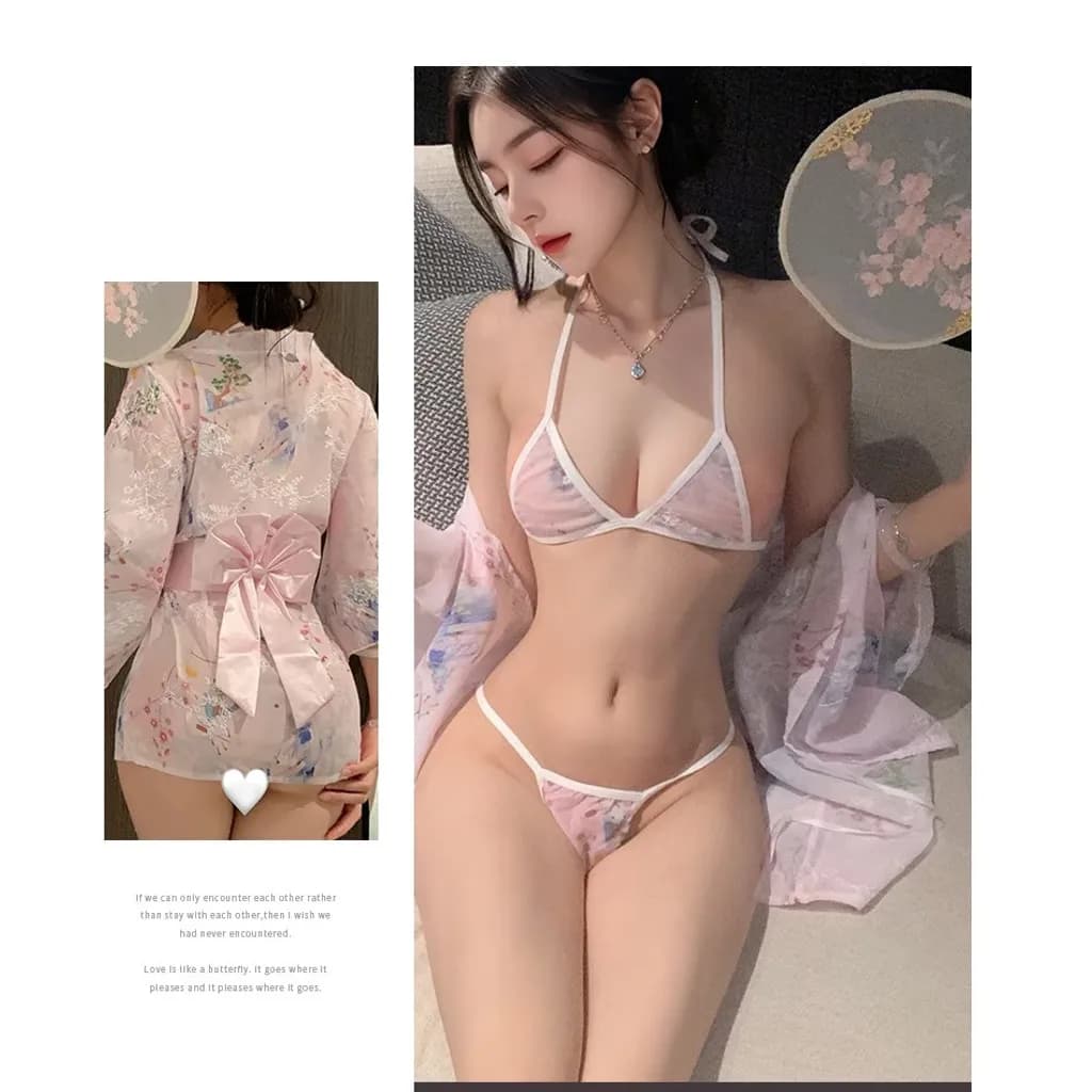 Áo choàng ngủ Kimono xuyên thấu gợi cảm cao cấp set cosplay cổ trang nữ ren họa tiết hoa sexy quyến rũ N743 - ảnh 5