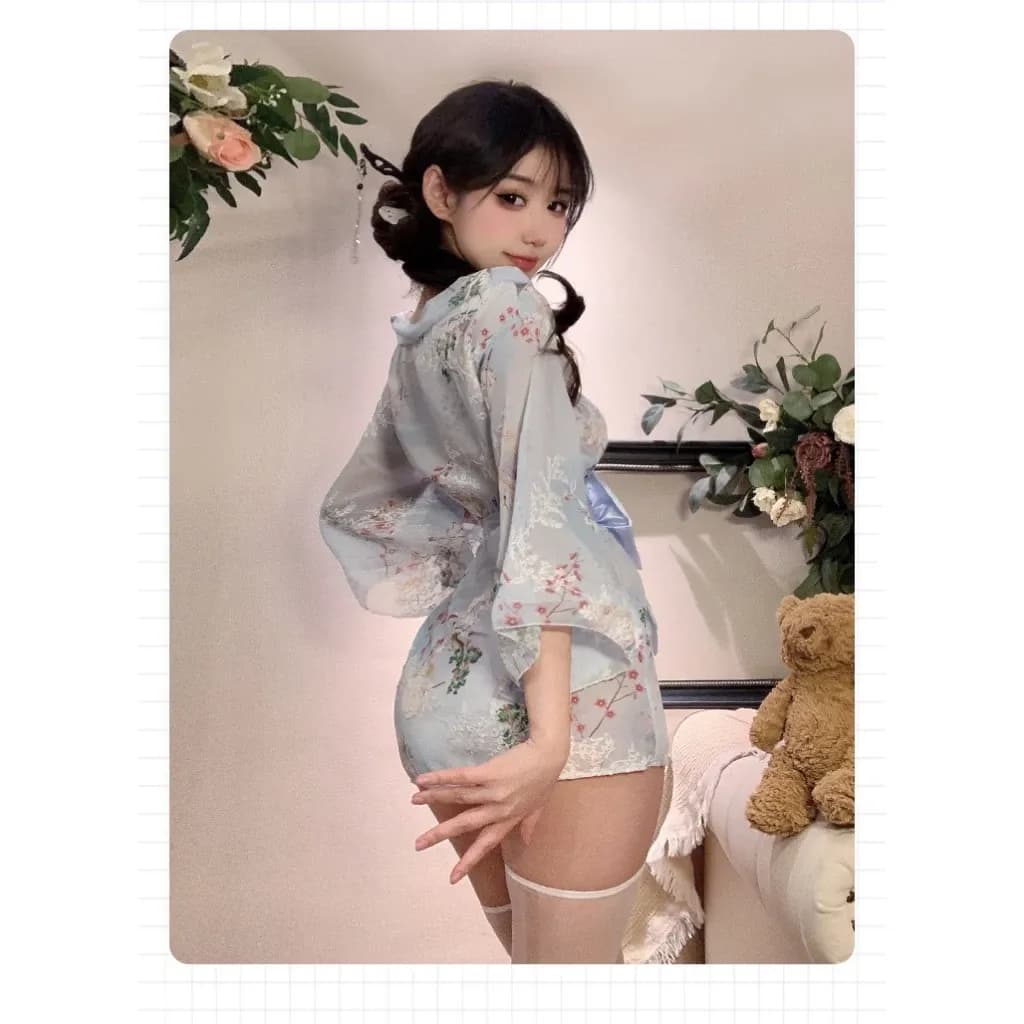Áo choàng ngủ Kimono xuyên thấu gợi cảm cao cấp set cosplay cổ trang nữ ren họa tiết hoa sexy quyến rũ N743 - ảnh 2