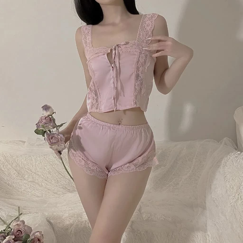Bộ ngủ sexy lụa 2 dây phối ren gợi cảm cao cấp set bộ pijama nữ có nút cài mặc nhà quyến rũ đáng yêu N213 - ảnh 4