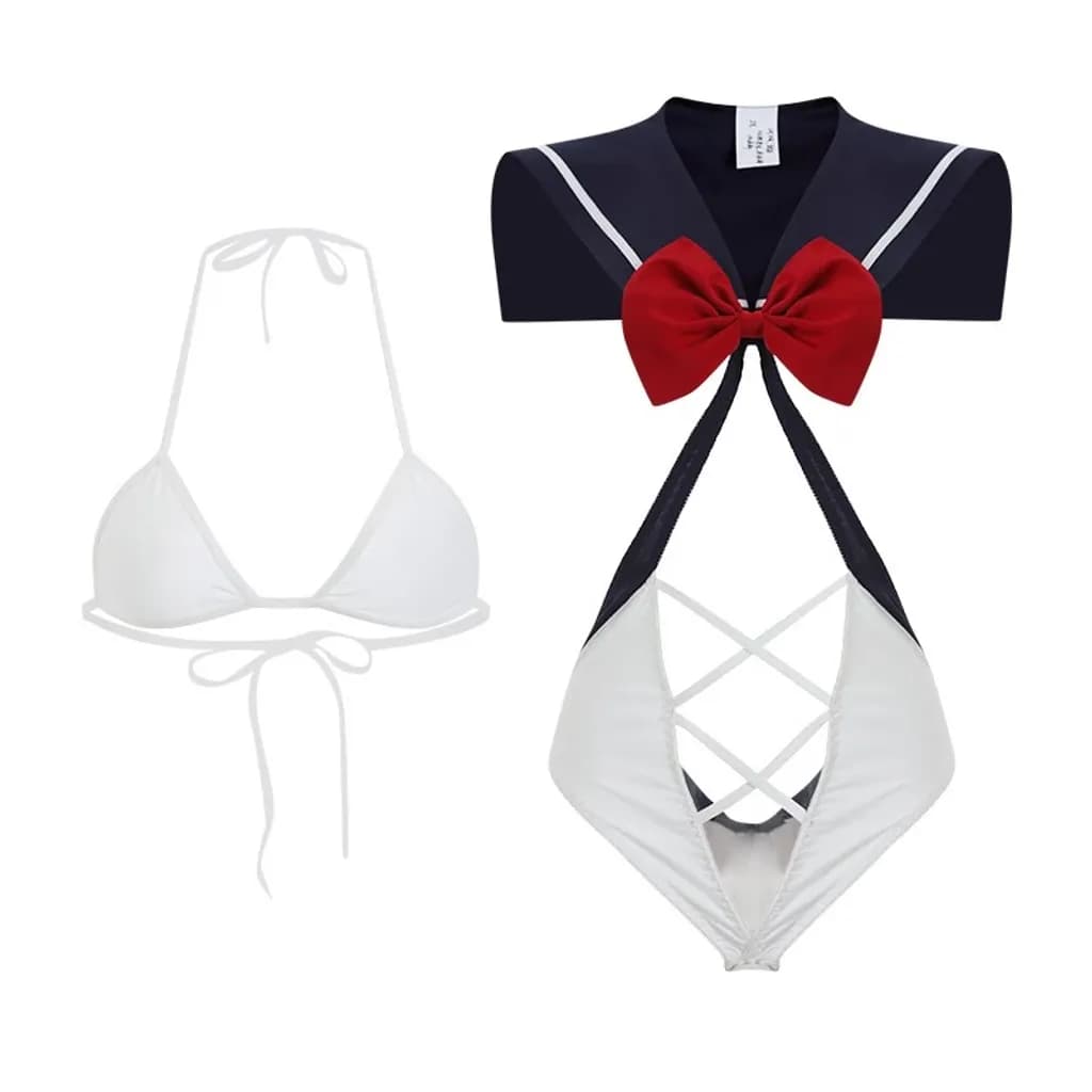 Bodysuit học sinh liền thân phối nơ đỏ xinh dễ thương đồ cosplay thủy thủ xanh 1 mảnh hở lưng gợi cảm N927 - ảnh 5