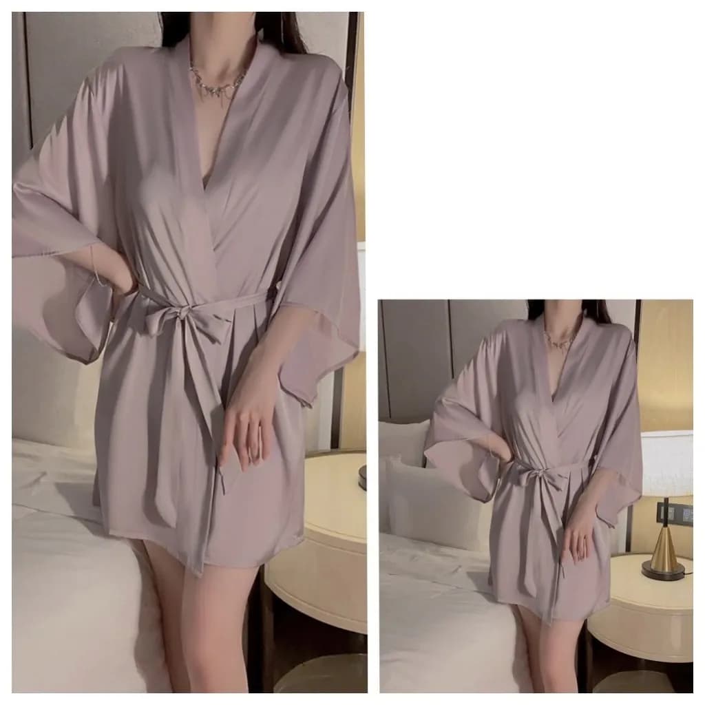 Áo choàng ngủ lụa tay dài cao cấp đen trắng đỏ sang trọng áo khoác ngoài nữ kèm dây cột sexy gợi cảm N191 - ảnh 4