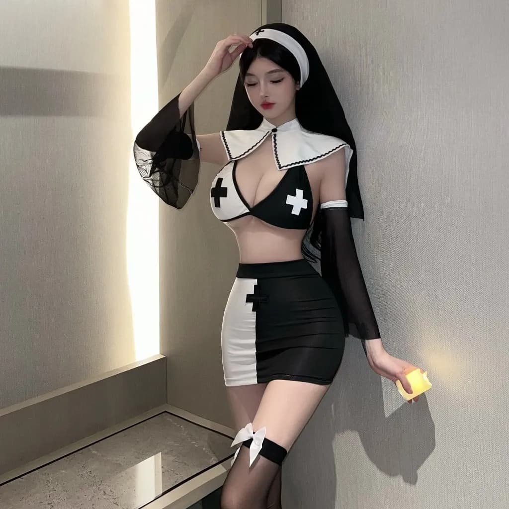 Cosplay nữ tu sĩ ôm body tôn dáng xẻ ngực gợi cảm set ngủ hóa trang ma sơ valak halloween cao cấp quyến rũ N897 - ảnh 5