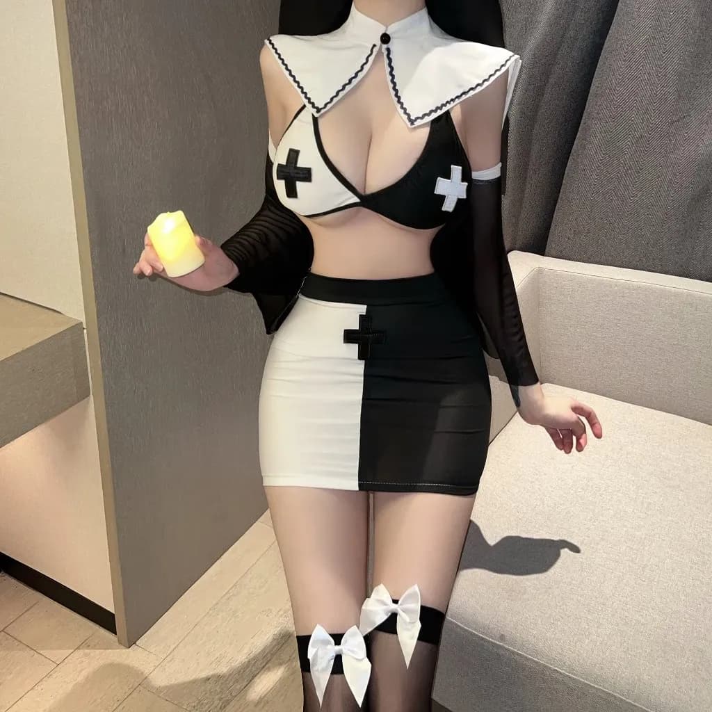 Cosplay nữ tu sĩ ôm body tôn dáng xẻ ngực gợi cảm set ngủ hóa trang ma sơ valak halloween cao cấp quyến rũ N897 - ảnh 3