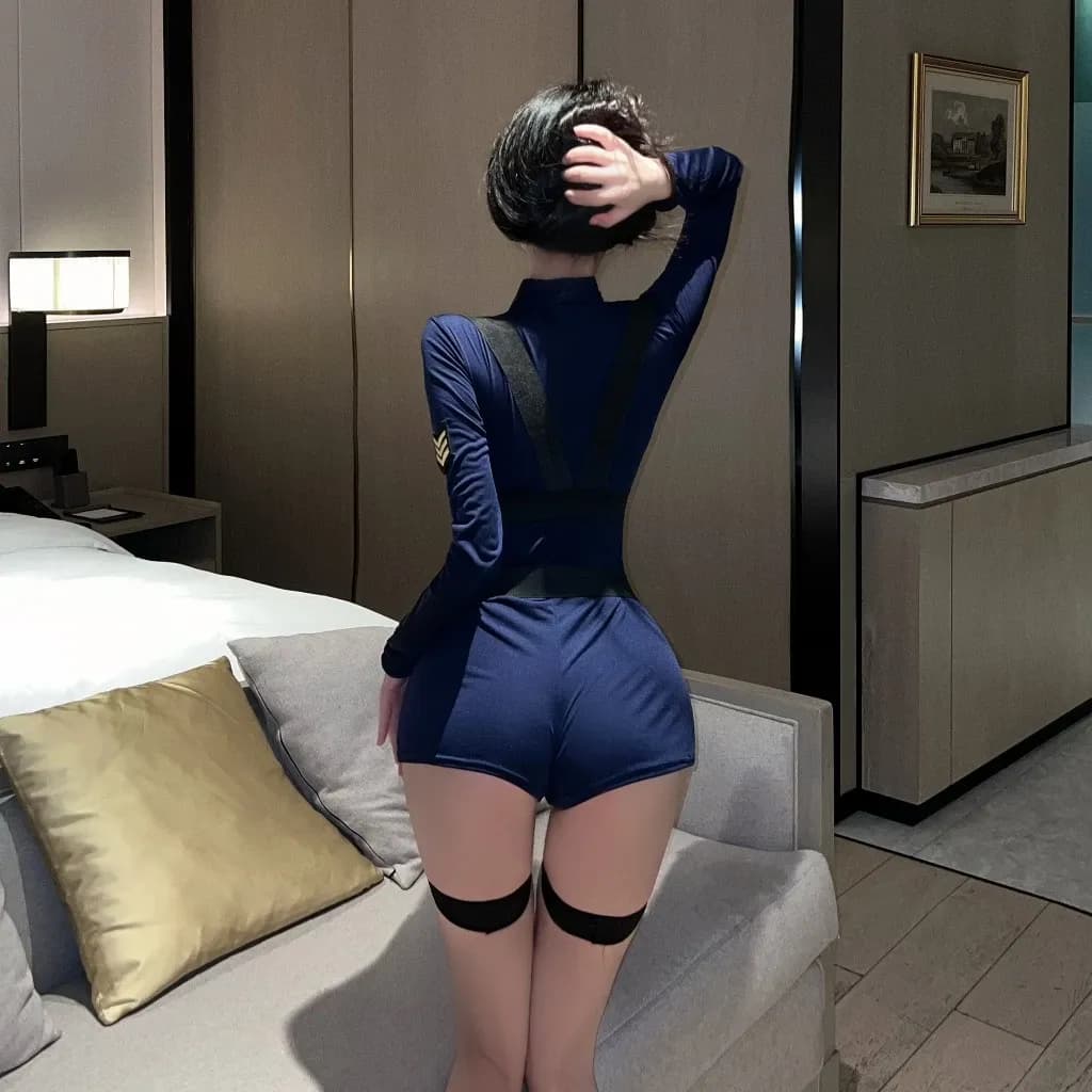 Cosplay nữ cảnh sát police xanh dài tay quyến rũ bodysuit set ngủ liền thân tiếp viên ôm dáng gợi cảm  N707 - ảnh 6