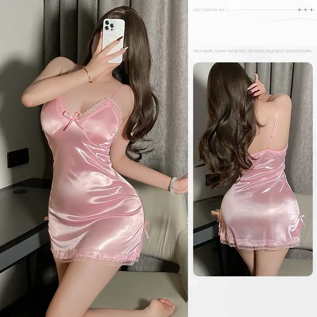 Váy ngủ 2 dây sexy phối ren xẻ tà siêu xinh gợi cảm đầm ngu nữ mặc nhà trơn tặng chip quyến rũ N207 - ảnh 4