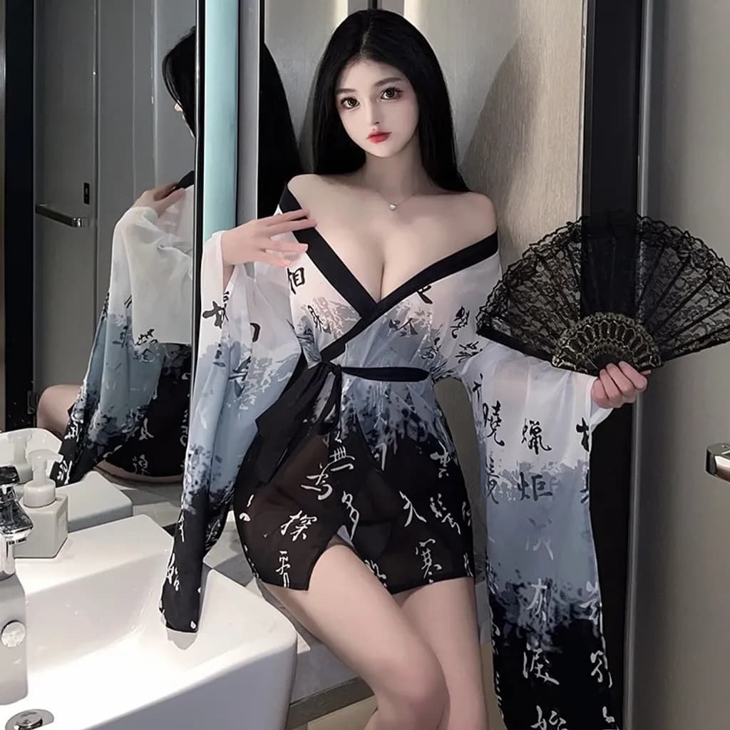 Áo choàng ngủ Kimono Nhật Bản anime xuyên thấu sexy gợi cảm áo khoác dài tay cosplay cổ trang Hanfu cao cấp N744