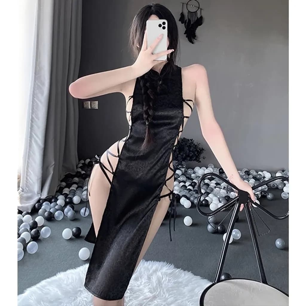 Sườn xám gợi cảm đan dây hông anime sexy quyến rũ cosplay cổ trang Trung Hoa gấm đen trắng mềm mịn  N781 - ảnh 6