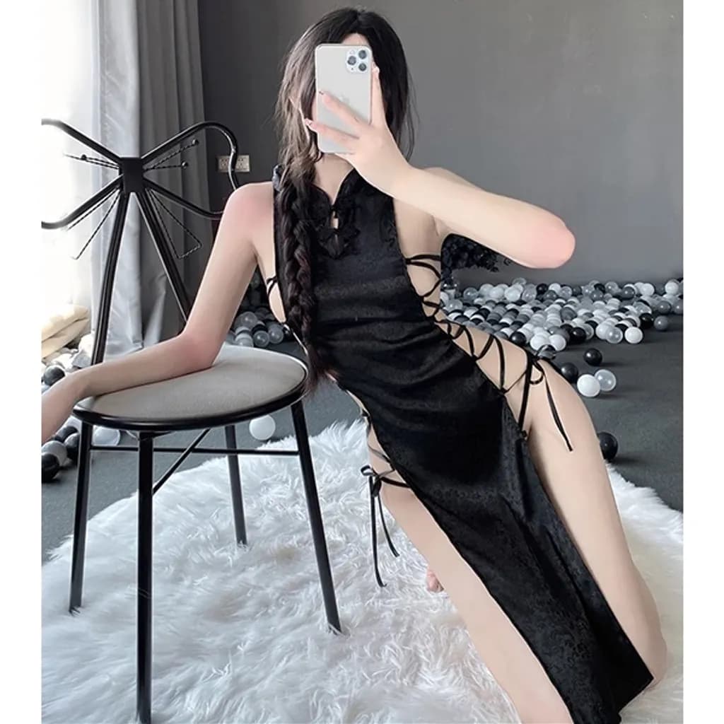 Sườn xám gợi cảm đan dây hông anime sexy quyến rũ cosplay cổ trang Trung Hoa gấm đen trắng mềm mịn  N781 - ảnh 2