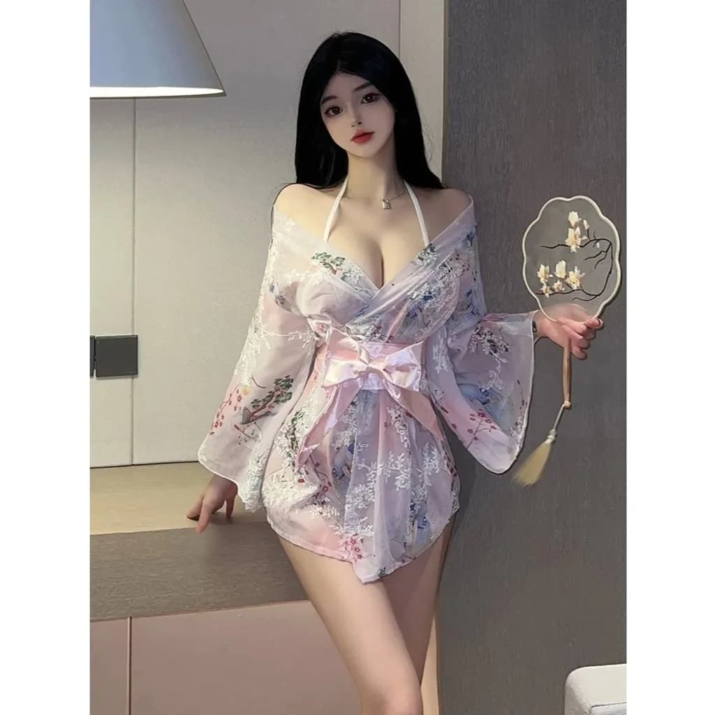 Áo choàng ngủ Kimono xuyên thấu gợi cảm cao cấp set cosplay cổ trang nữ ren họa tiết hoa sexy quyến rũ N743 - ảnh 8