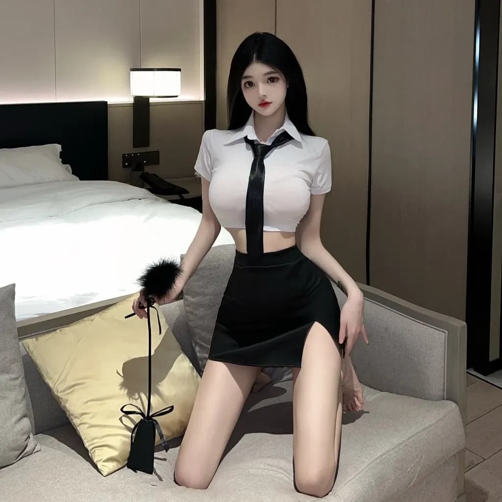 Đồ cosplay sexy thư ký ôm body kèm cà vạt gợi cảm thanh lịch đồ ngủ nữ công sở đen trắng quyến rũ N314 - ảnh 2