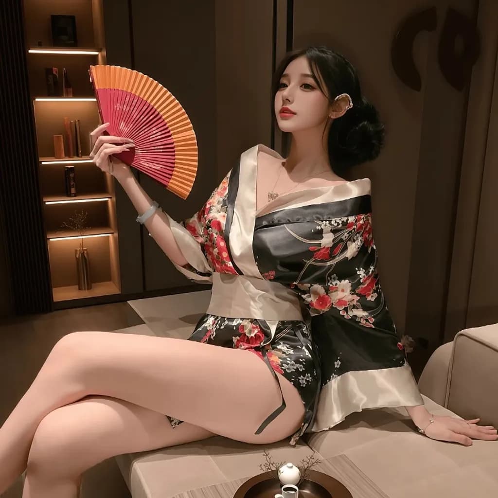 Đồ ngủ kimono Nhât Bản xẻ ngực gợi cảm tinh tế cosplay sexy áo choàng ngủ hoa anh đào quyến rũ ngọt ngào N844 - ảnh 9