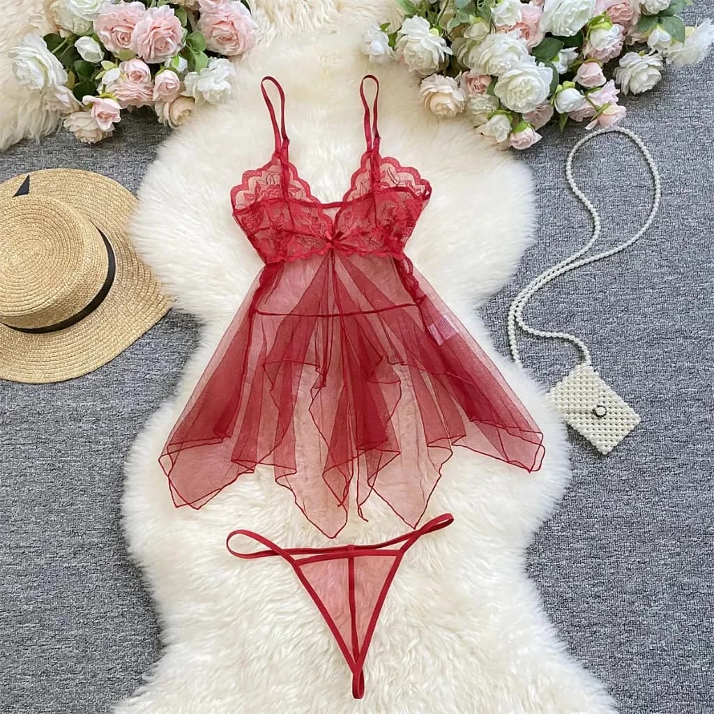 Bộ đồ váy ngủ nữ sexy ren đuôi cá xuyên thấu gợi cảm đầm 2 dây kèm quần lót lọt khe siêu quyến rũ N118 - ảnh 4