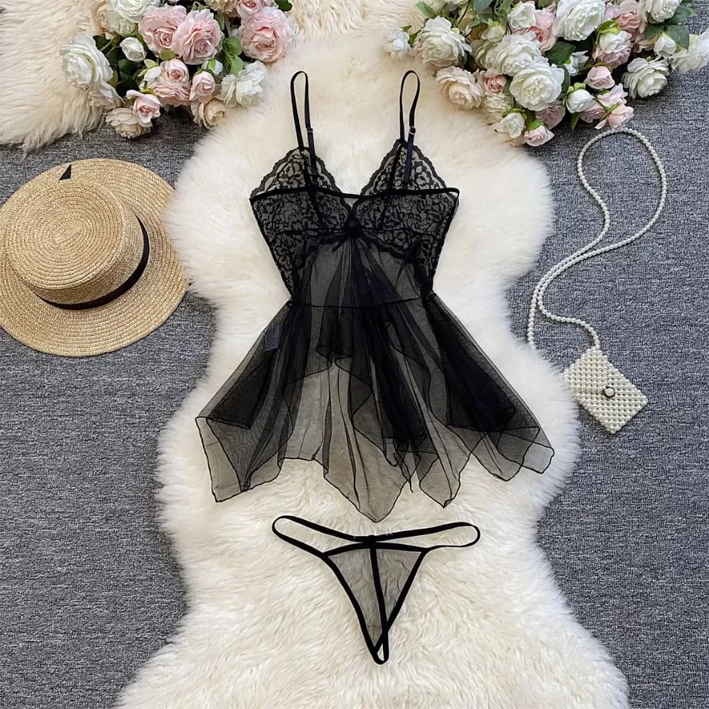 Bộ đồ váy ngủ nữ sexy ren đuôi cá xuyên thấu gợi cảm đầm 2 dây kèm quần lót lọt khe siêu quyến rũ N118 - ảnh 7
