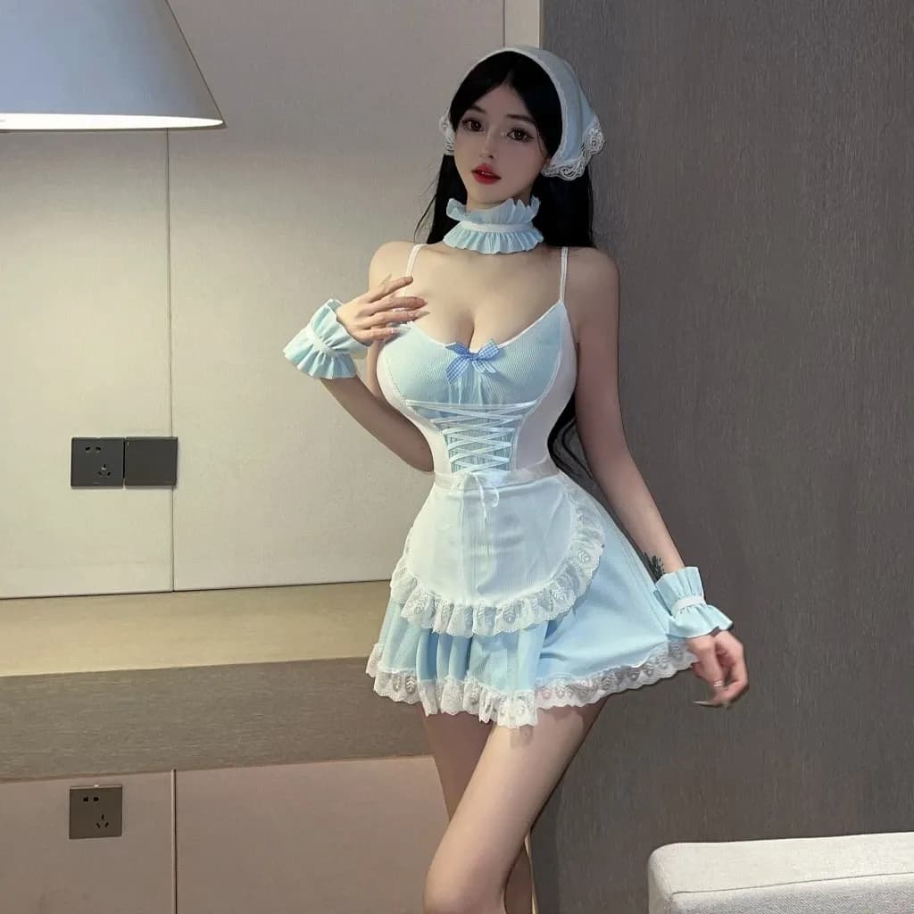 Cosplay hầu gái xòe dáng tiểu thư sexy dễ thương váy ngủ maid 2 dây phối ren nữ giúp việc xinh quyến rũ N874 - ảnh 6
