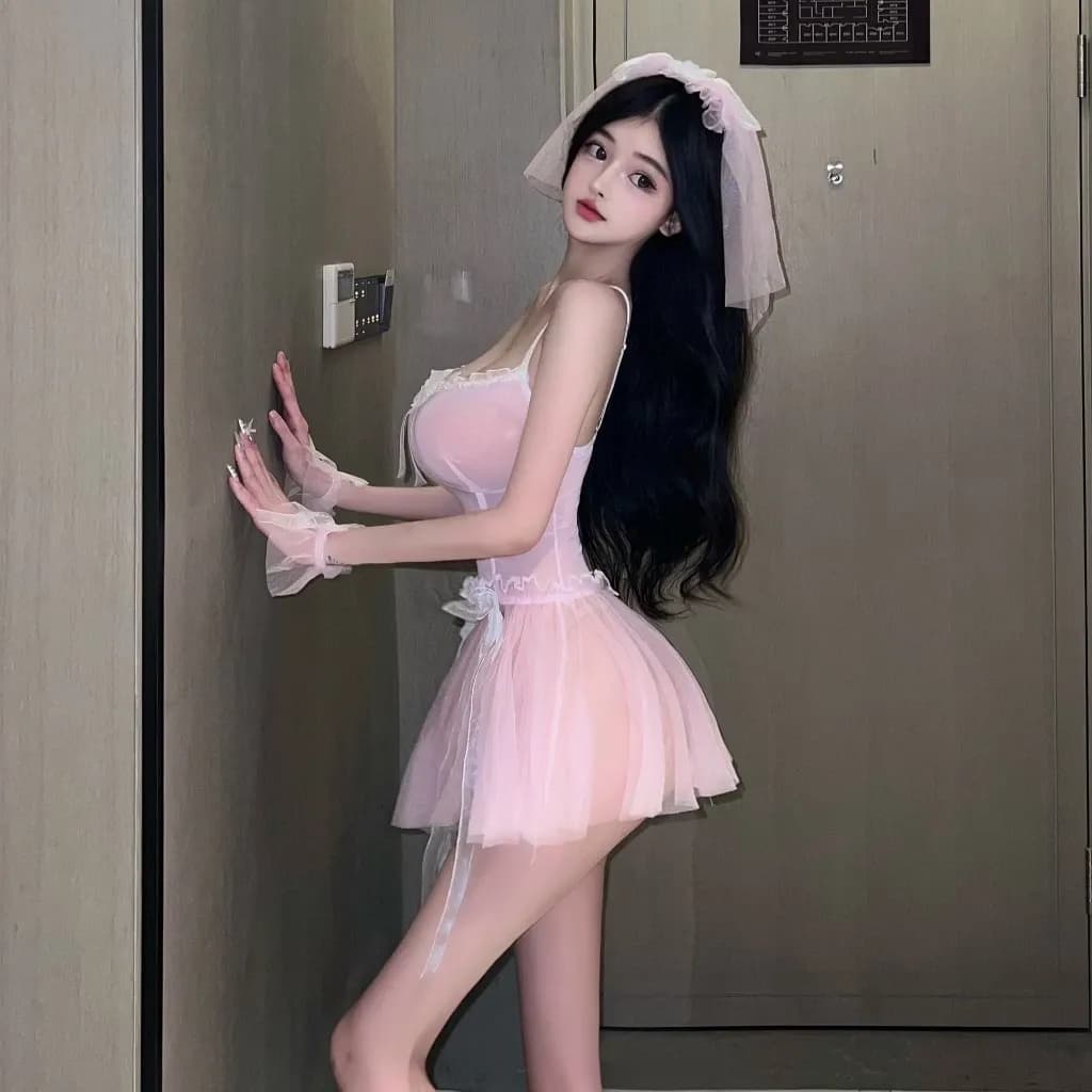 Đồ cosplay sexy cô dâu kèm lúp voan siêu xinh đáng yêu váy cưới tiểu thư ren xếp ly gợi cảm quyến rũ  N749 - ảnh 3