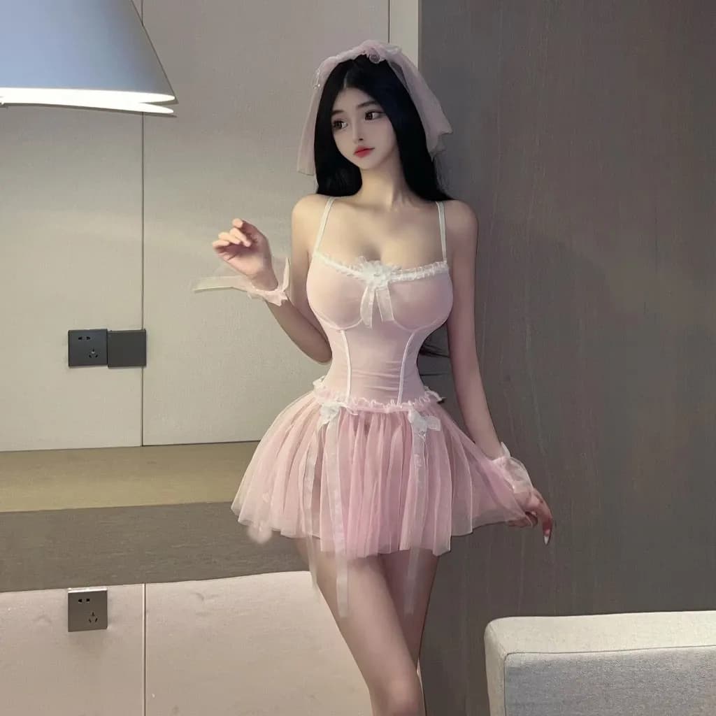 Đồ cosplay sexy cô dâu kèm lúp voan siêu xinh đáng yêu váy cưới tiểu thư ren xếp ly gợi cảm quyến rũ  N749 - ảnh 6