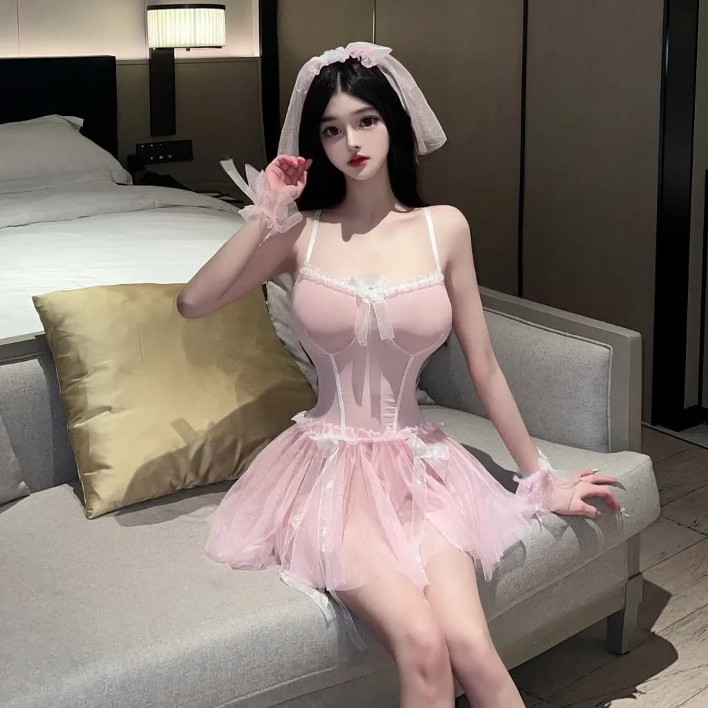 Đồ cosplay sexy cô dâu kèm lúp voan siêu xinh đáng yêu váy cưới tiểu thư ren xếp ly gợi cảm quyến rũ  N749 - ảnh 4