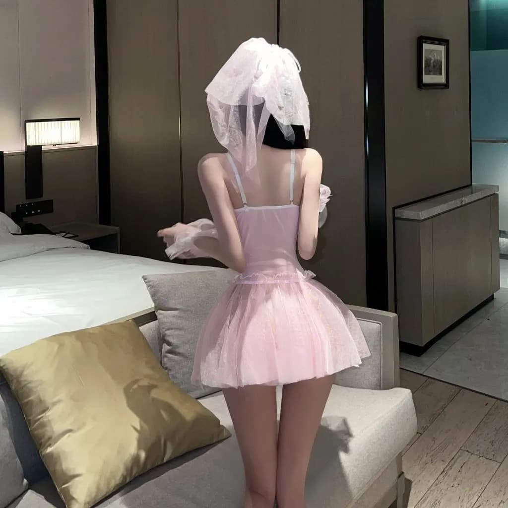 Đồ cosplay sexy cô dâu kèm lúp voan siêu xinh đáng yêu váy cưới tiểu thư ren xếp ly gợi cảm quyến rũ  N749 - ảnh 5