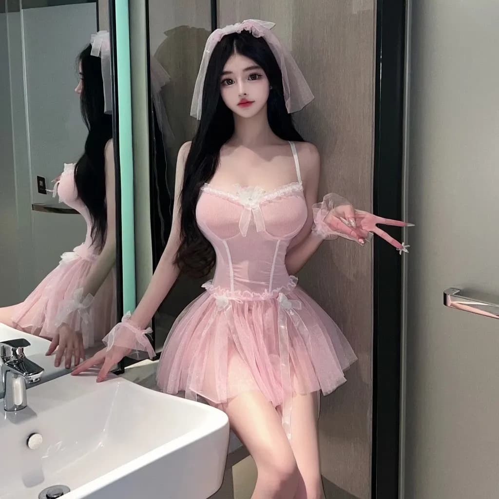 Đồ cosplay sexy cô dâu kèm lúp voan siêu xinh đáng yêu váy cưới tiểu thư ren xếp ly gợi cảm quyến rũ  N749 - ảnh 7