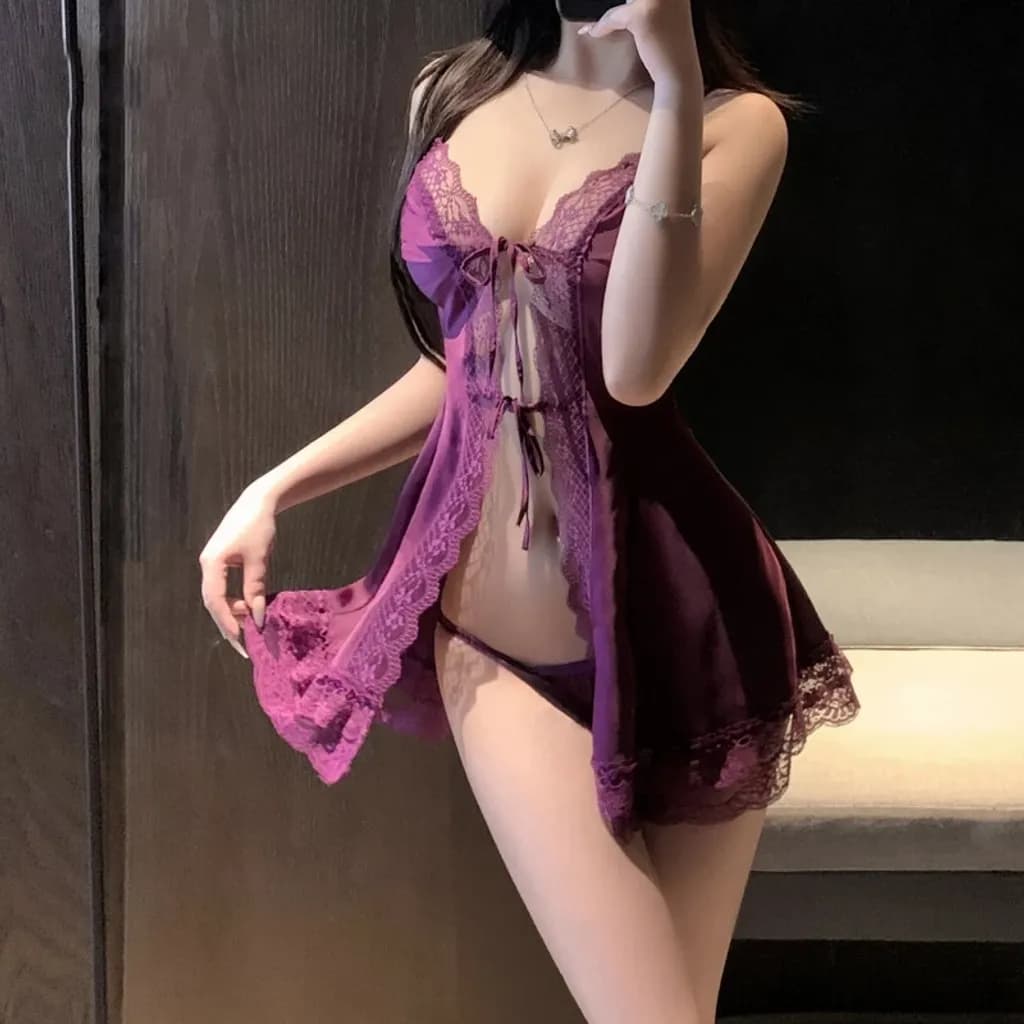 Váy ngủ lụa hai dây xẻ tà kèm chip quyến rũ cuốn hút đầm ngủ sexy phối ren cột dây V1 gợi cảm tinh tế N288 - ảnh 6