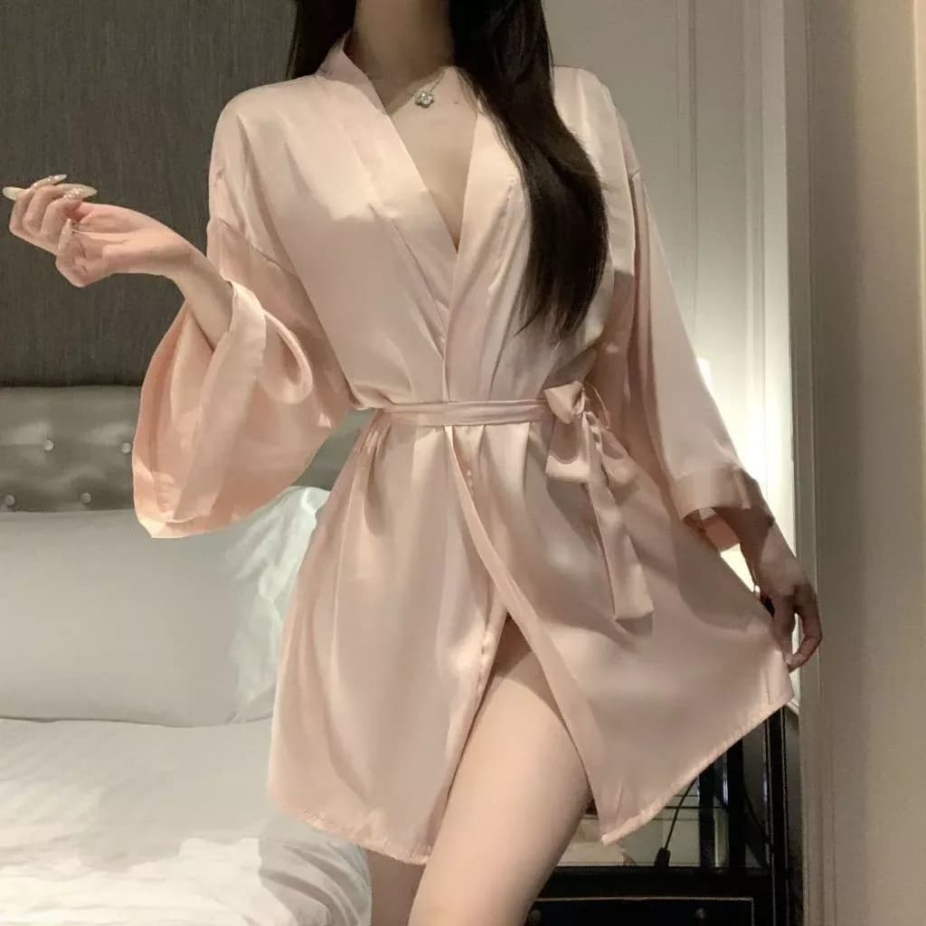 Áo choàng ngủ lụa tay dài cao cấp đen trắng đỏ sang trọng áo khoác ngoài nữ kèm dây cột sexy gợi cảm N191 - ảnh 8