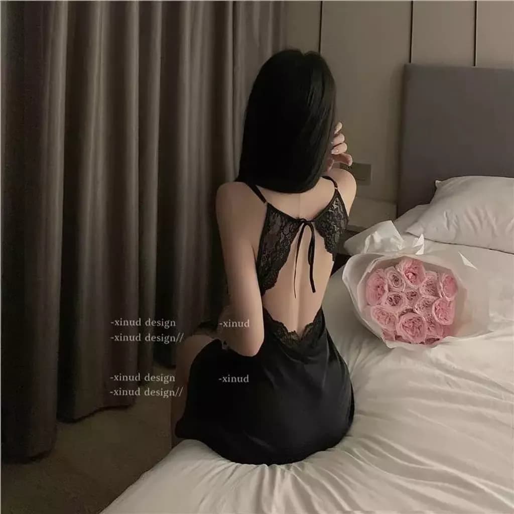 Váy ngủ sexy phối ren hở lưng dáng suông siêu xinh gợi cảm đầm ngủ lụa mặc nhà xẻ V1 quyến rũ tinh tế N282 - ảnh 6
