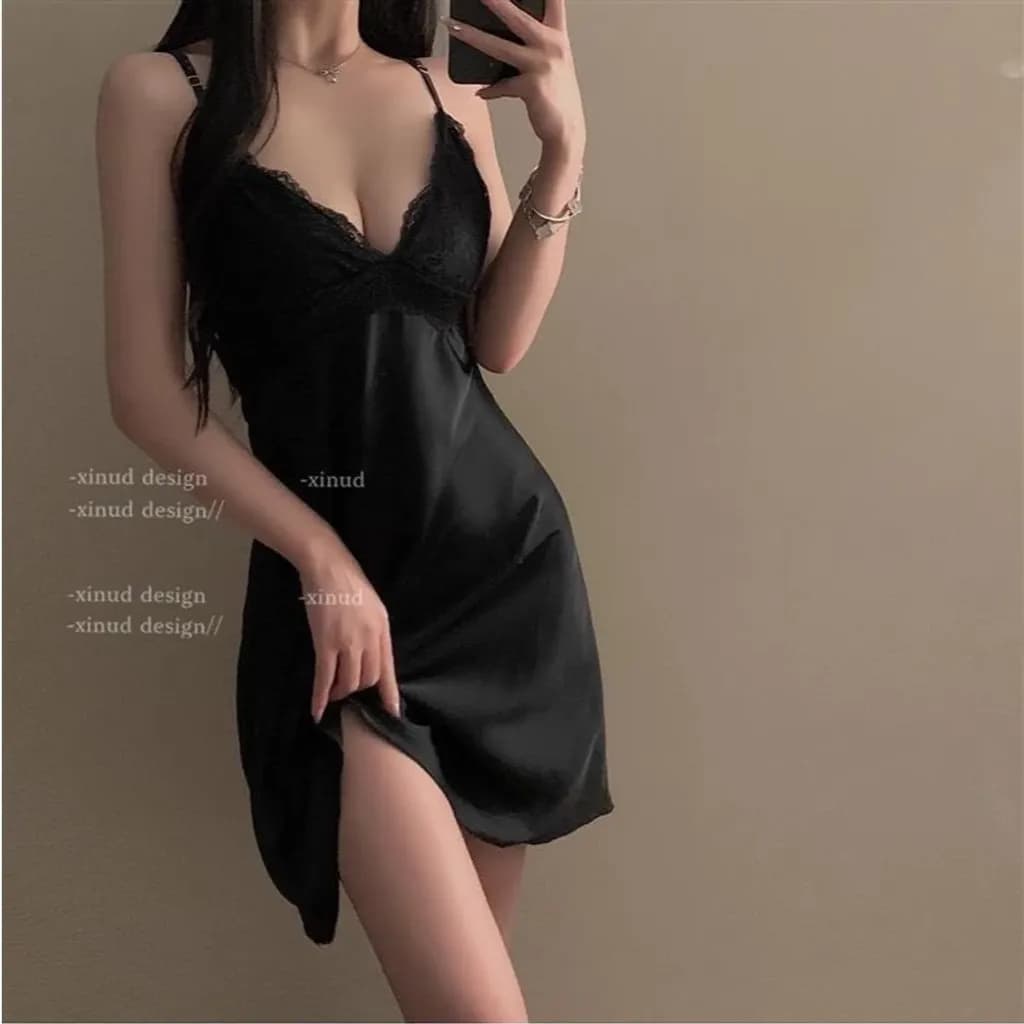 Váy ngủ sexy phối ren hở lưng dáng suông siêu xinh gợi cảm đầm ngủ lụa mặc nhà xẻ V1 quyến rũ tinh tế N282 - ảnh 5