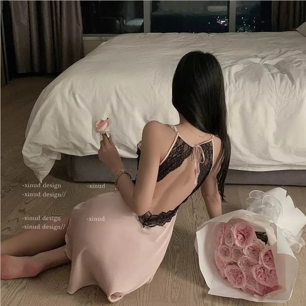 Váy ngủ sexy phối ren hở lưng dáng suông siêu xinh gợi cảm đầm ngủ lụa mặc nhà xẻ V1 quyến rũ tinh tế N282 - ảnh 7