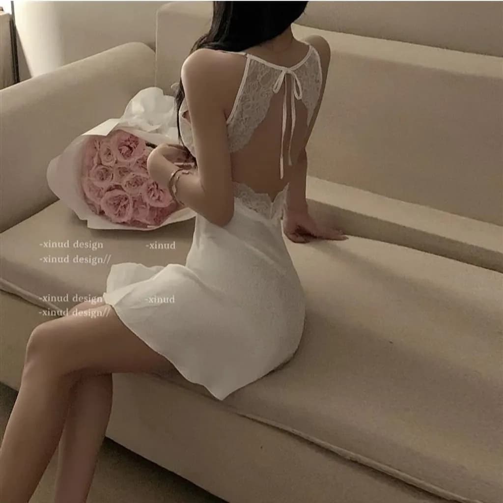 Váy ngủ sexy phối ren hở lưng dáng suông siêu xinh gợi cảm đầm ngủ lụa mặc nhà xẻ V1 quyến rũ tinh tế N282 - ảnh 11
