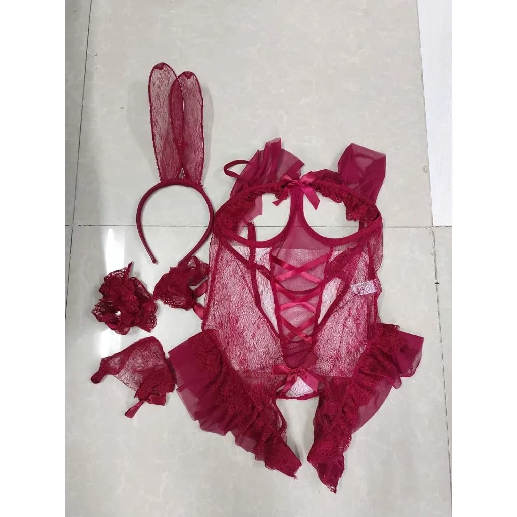 Cosplay thỏ bông trắng có đuôi hở ngực siêu xinh gợi cảm bodysuit liền thân ren bèo xẻ đáy dễ thương quyến rũ N330 - ảnh 2