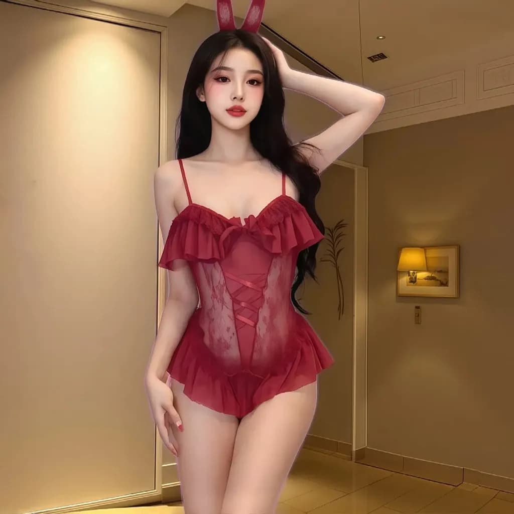 Cosplay thỏ bông trắng có đuôi hở ngực siêu xinh gợi cảm bodysuit liền thân ren bèo xẻ đáy dễ thương quyến rũ N330 - ảnh 3